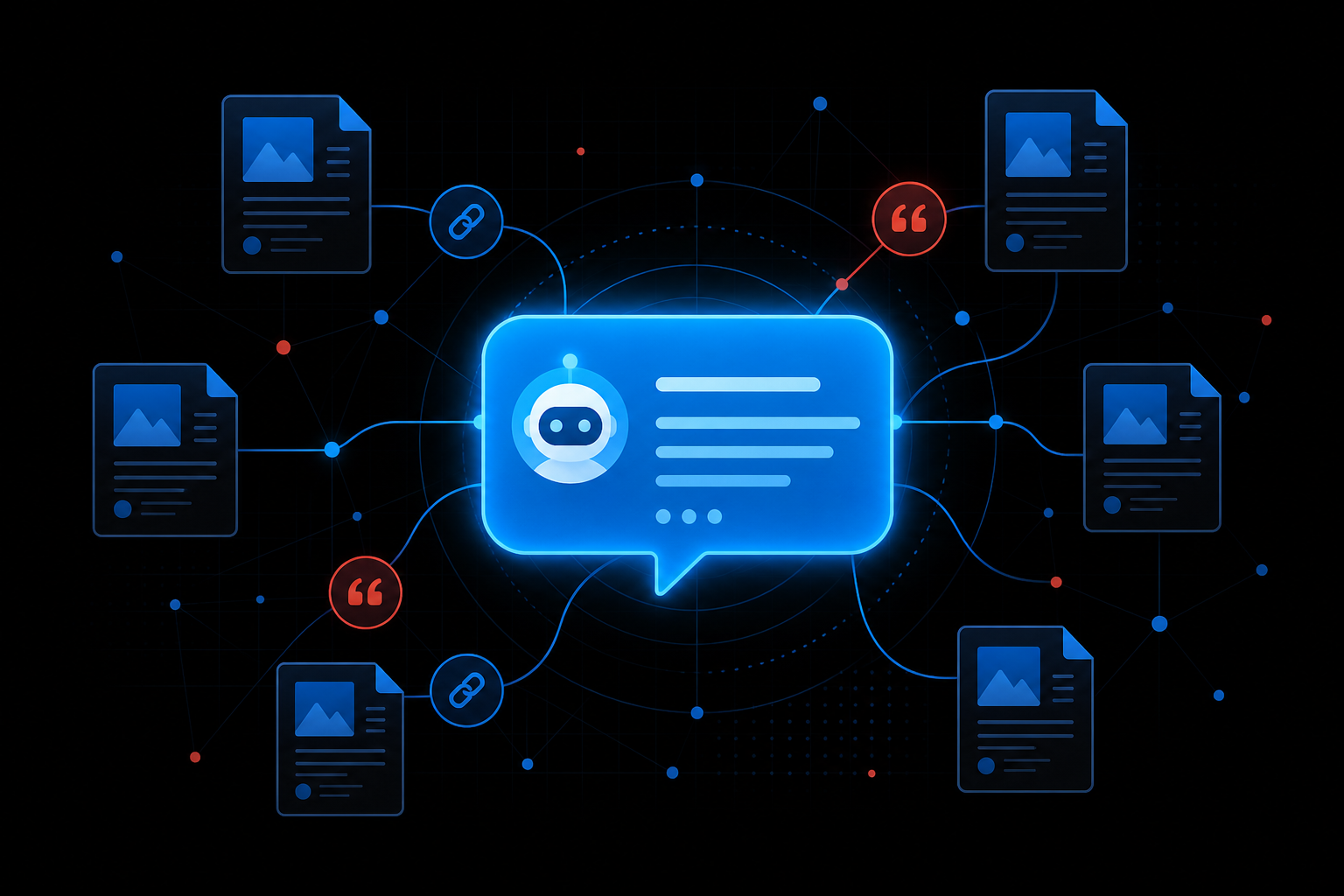 Illustration of an AI answer bubble connected to cited source documents