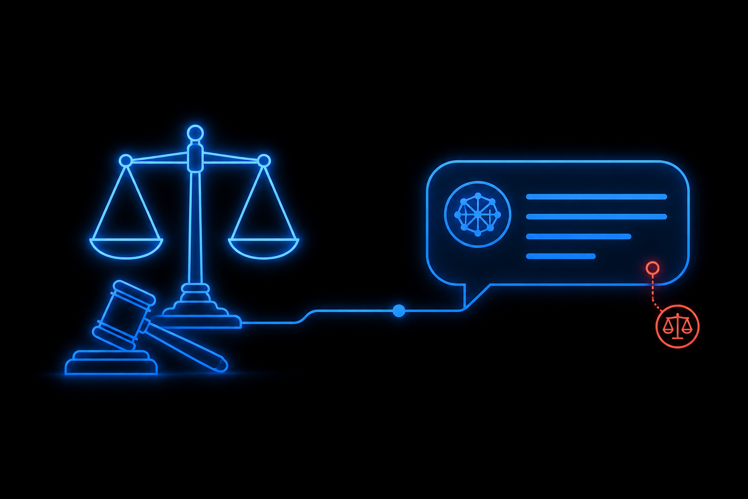 Scales of justice connected to an AI answer