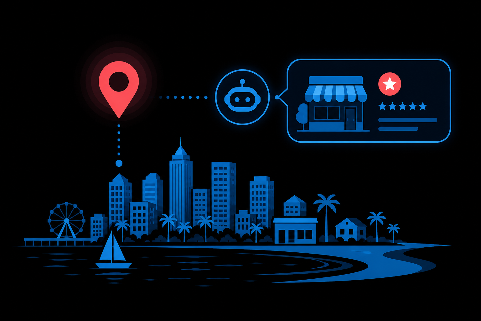 San Diego skyline with a map pin and AI answer