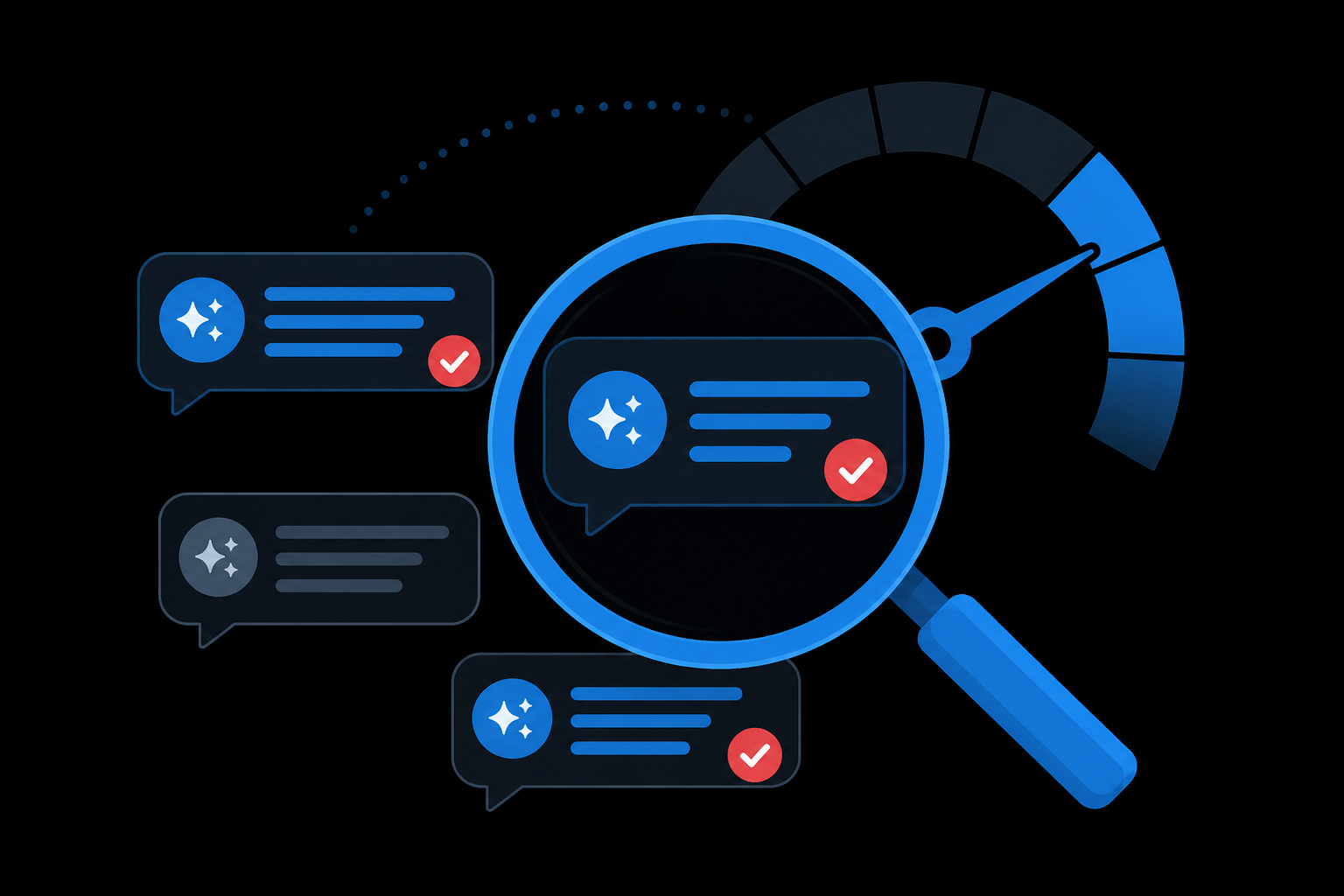 Magnifying glass over AI answers with citation badges