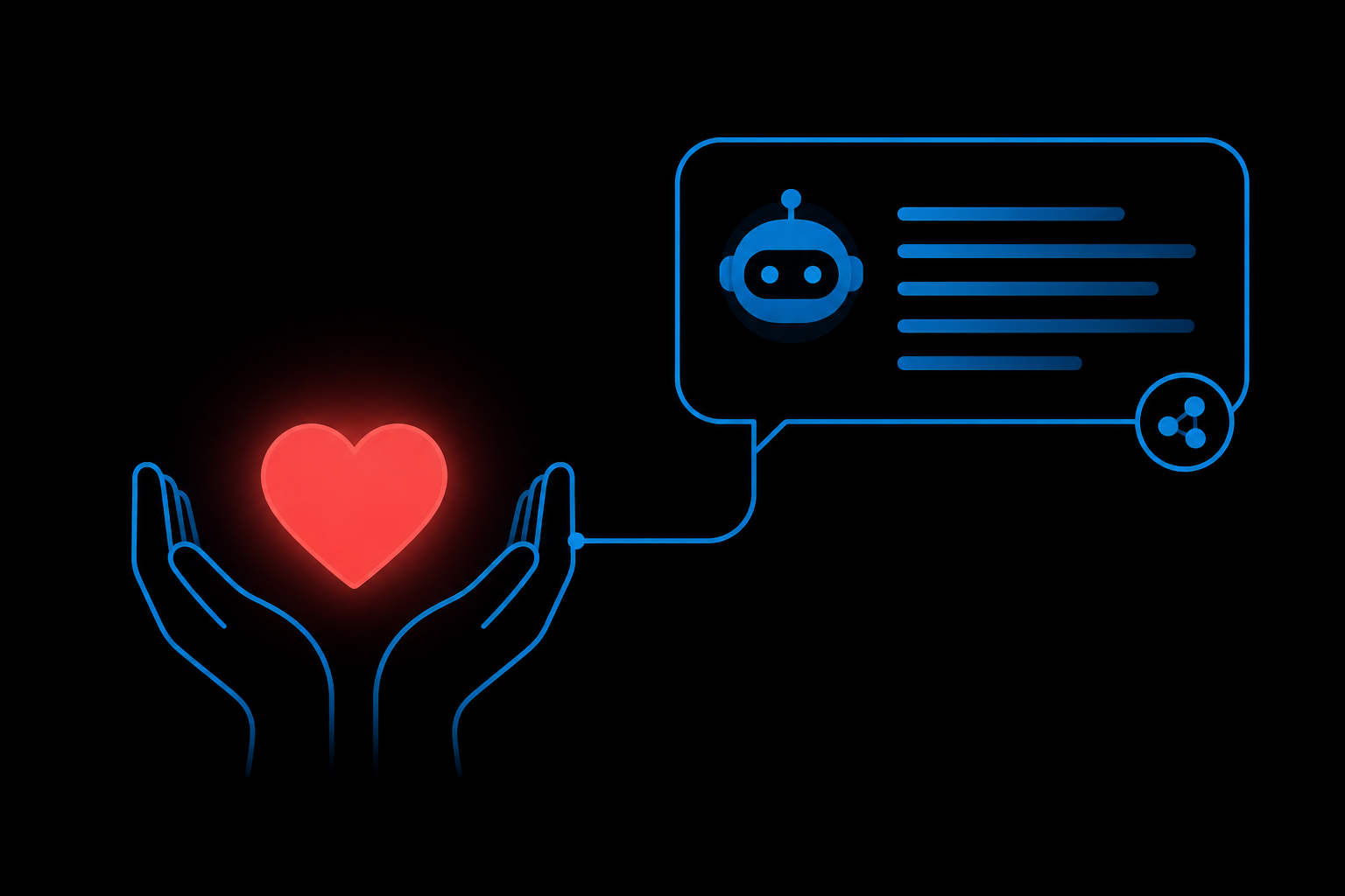 Hands holding a heart connected to an AI answer