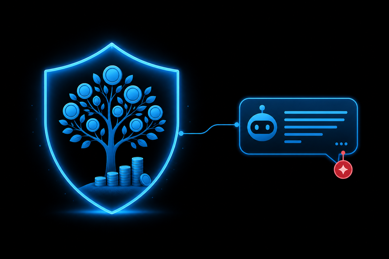 Shield with a tree of coins connected to an AI answer